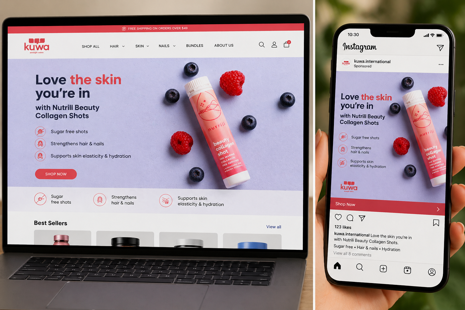 Nutrili Beauty Collagen Shots — desktop and Instagram mockup