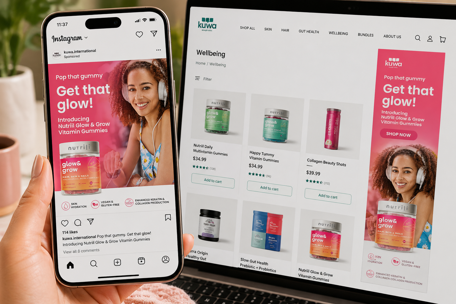 Nutrili Glow & Grow — Instagram ad on phone and e-commerce desktop