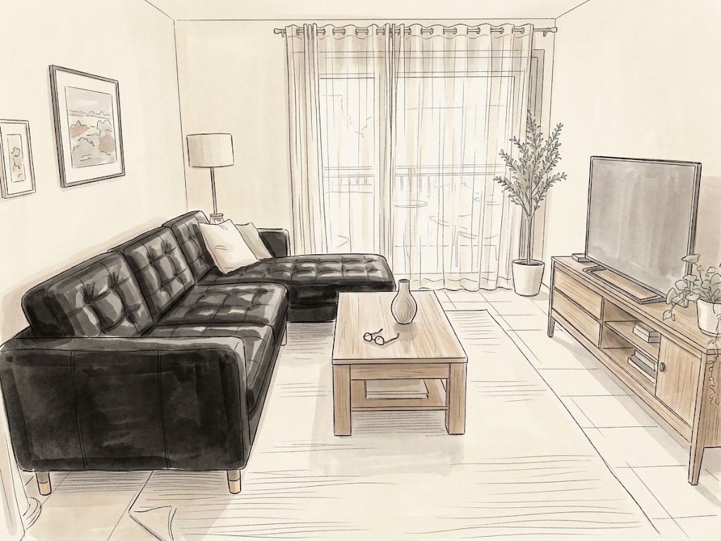 The sketch redrawn with a black leather L-shaped sofa