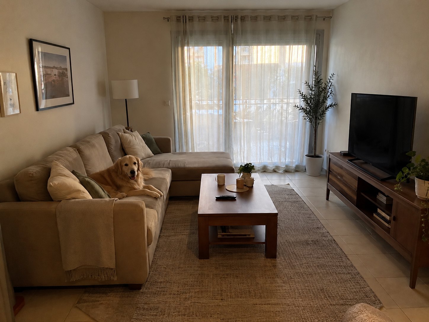 Photo of a living room with an L-shaped sofa and a dog