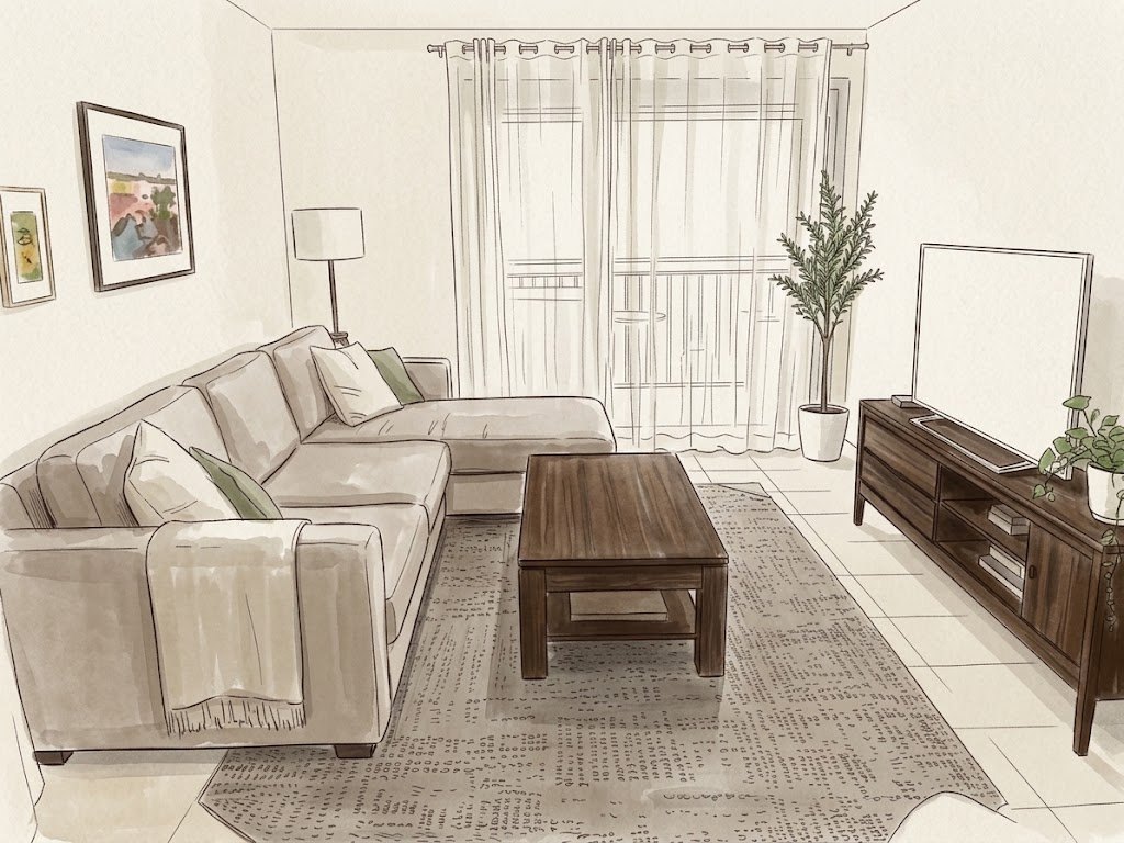 The same room as a clean watercolour sketch